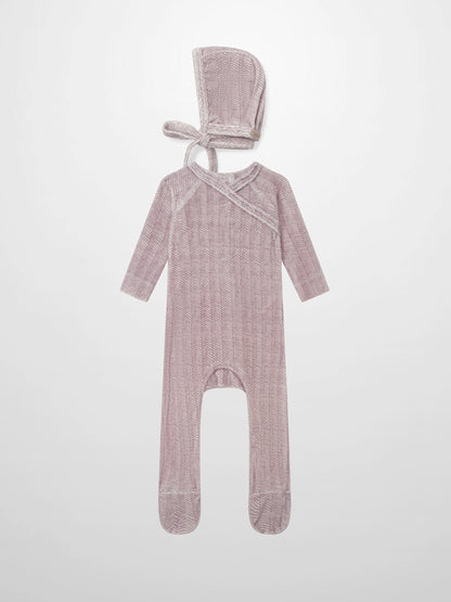 Adee Heritage Herringbone Red layette set for girls; pink-red hooded, footed romper with tie.