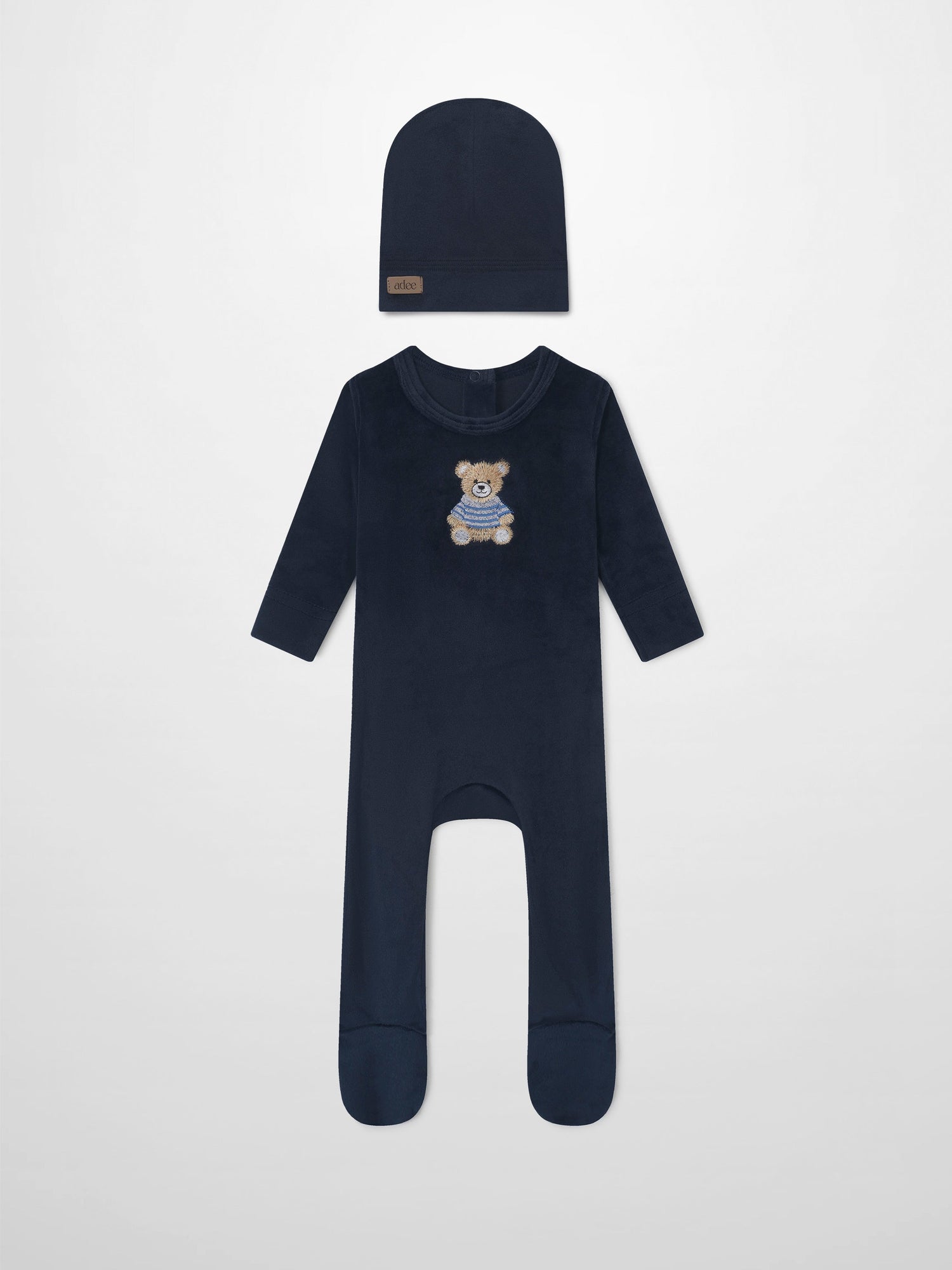 Adee Embroidered Bear Navy Boys Layette Set: two-piece navy knit hat and long-sleeve romper with bear embroidery.