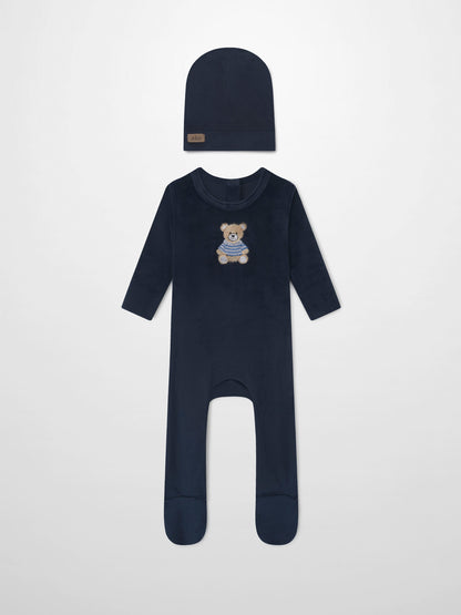 Adee Embroidered Bear Navy Boys Layette Set: two-piece navy knit hat and long-sleeve romper with bear embroidery.