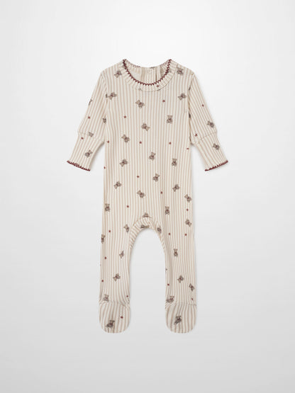 Adee Striped Bear Stretchy girls footed onesie with beige stripes, bear print and red trim