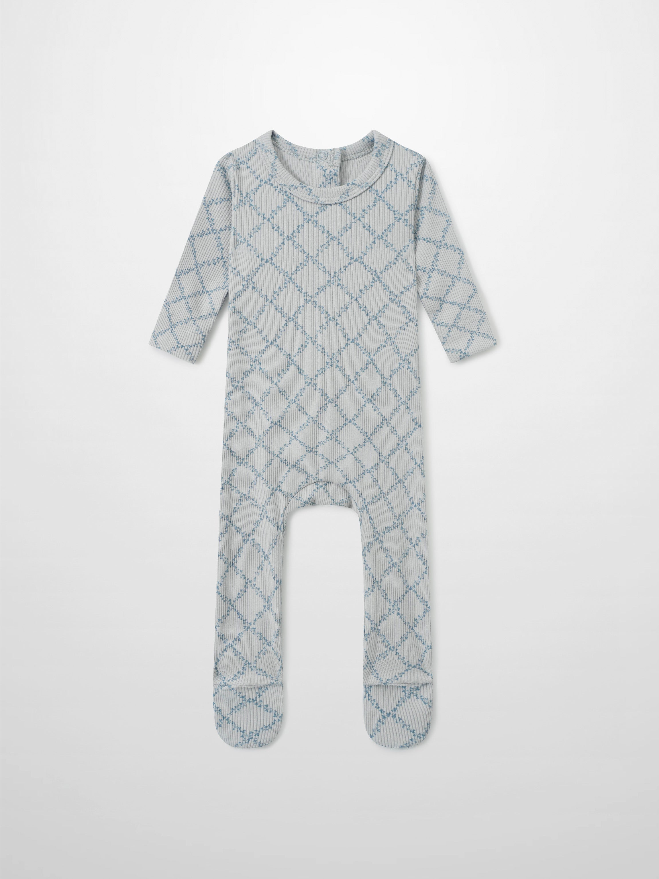 Blue Leaf layette set, ribbed knit long-sleeve footed romper for boys with blue lattice pattern