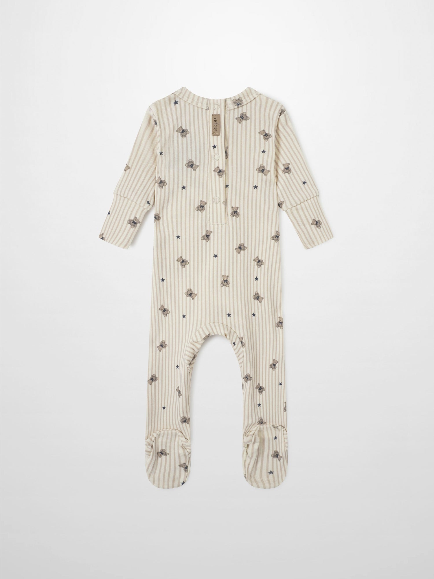 Striped Bear Stretchy Blue baby romper by Adee; beige stripes with teddy bears and stars