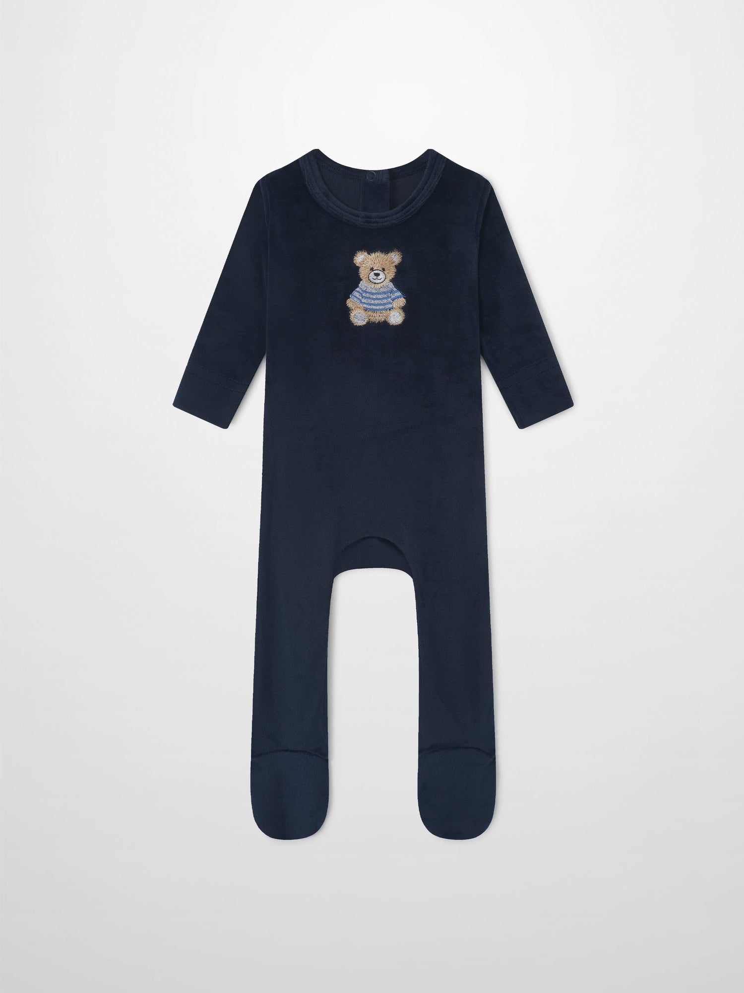 Embroidered Bear Navy layette set for boys by Adee; navy footed romper with bear embroidery.