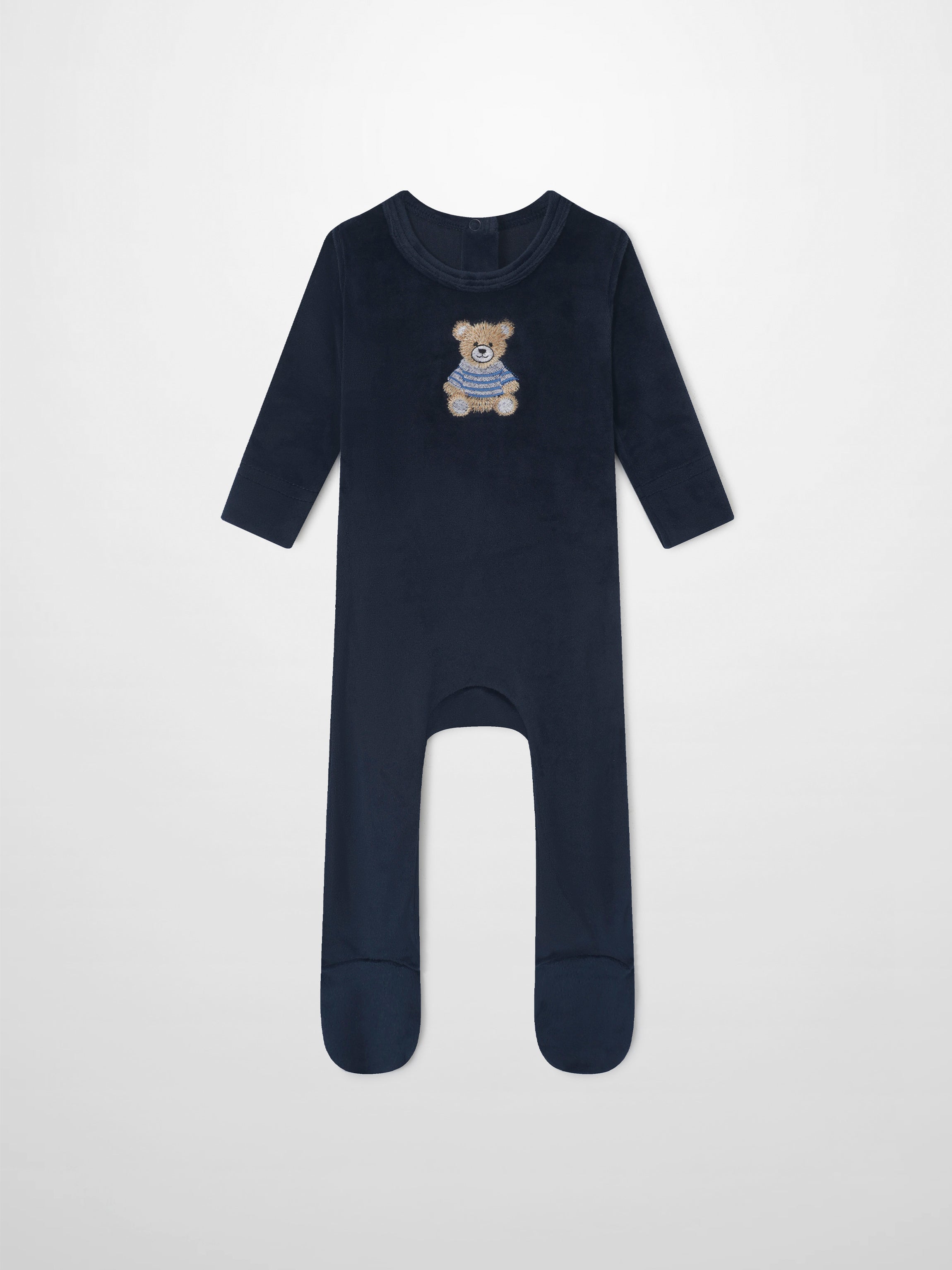 Embroidered Bear Navy layette set for boys by Adee; navy footed romper with bear embroidery.