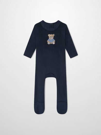 Embroidered Bear Navy layette set for boys by Adee; navy footed romper with bear embroidery.