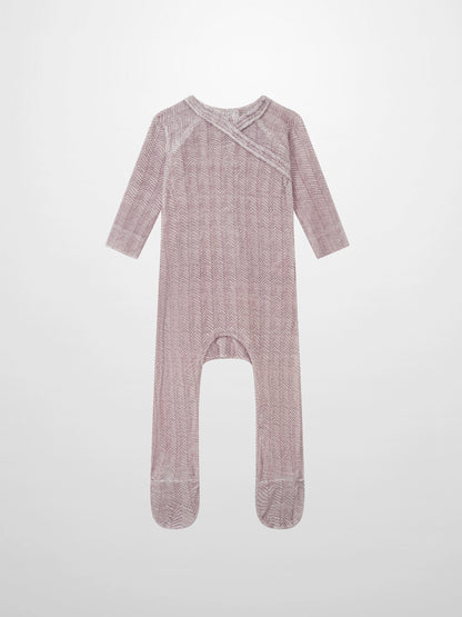 Adee Heritage Herringbone Red girls layette set; long-sleeve footed sleeper in red herringbone fabric.