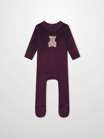 Embroidered bear burgundy layette set for girls; long-sleeve footed romper.