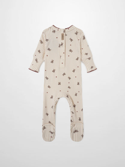 Girls Stretchies by Adee: Striped Bear Stretchy onesie in beige stripes with bear prints and red stars, footed