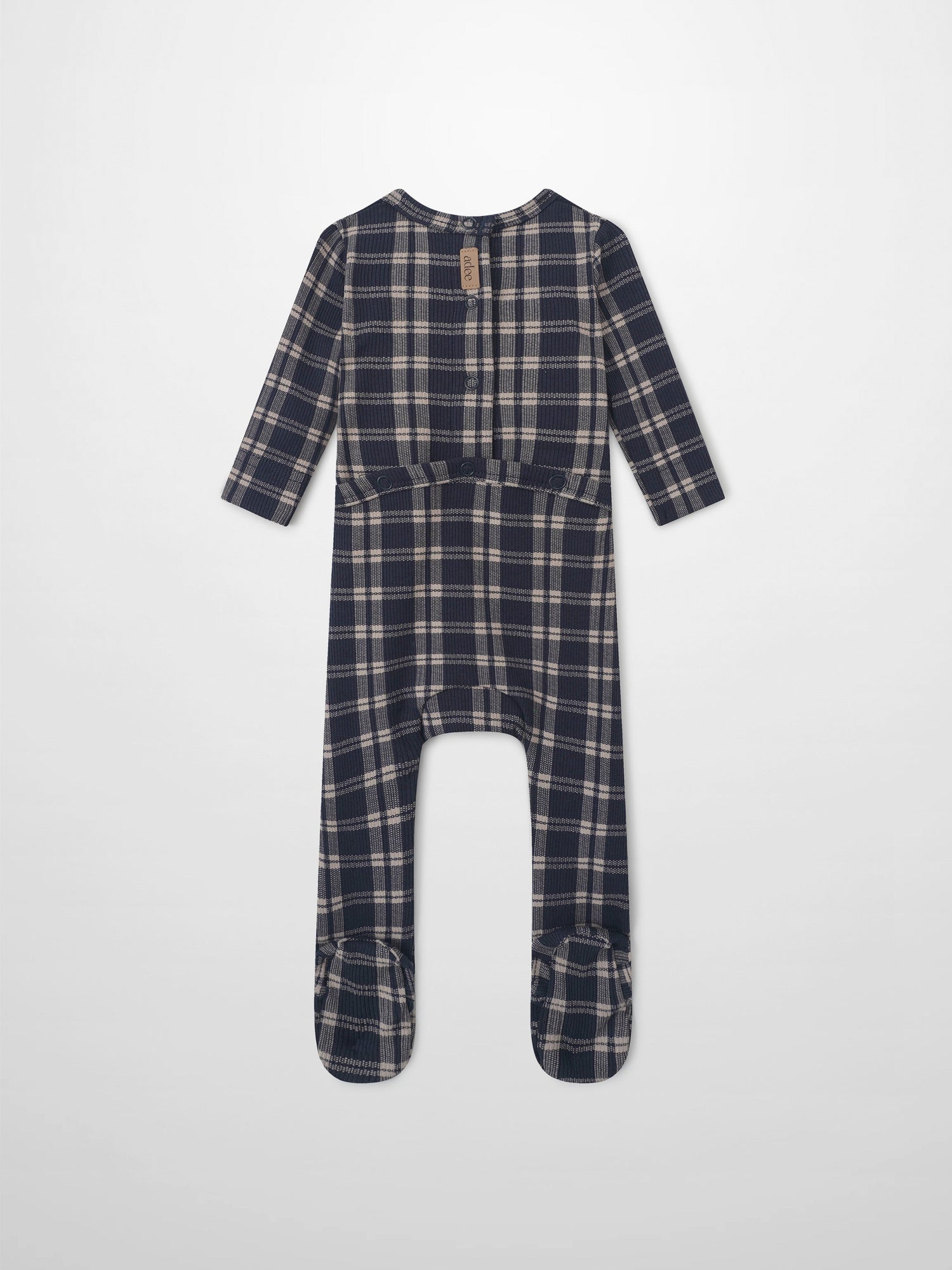 Adee Navy Plaid Boys Stretchies romper with back button closure and footed legs
