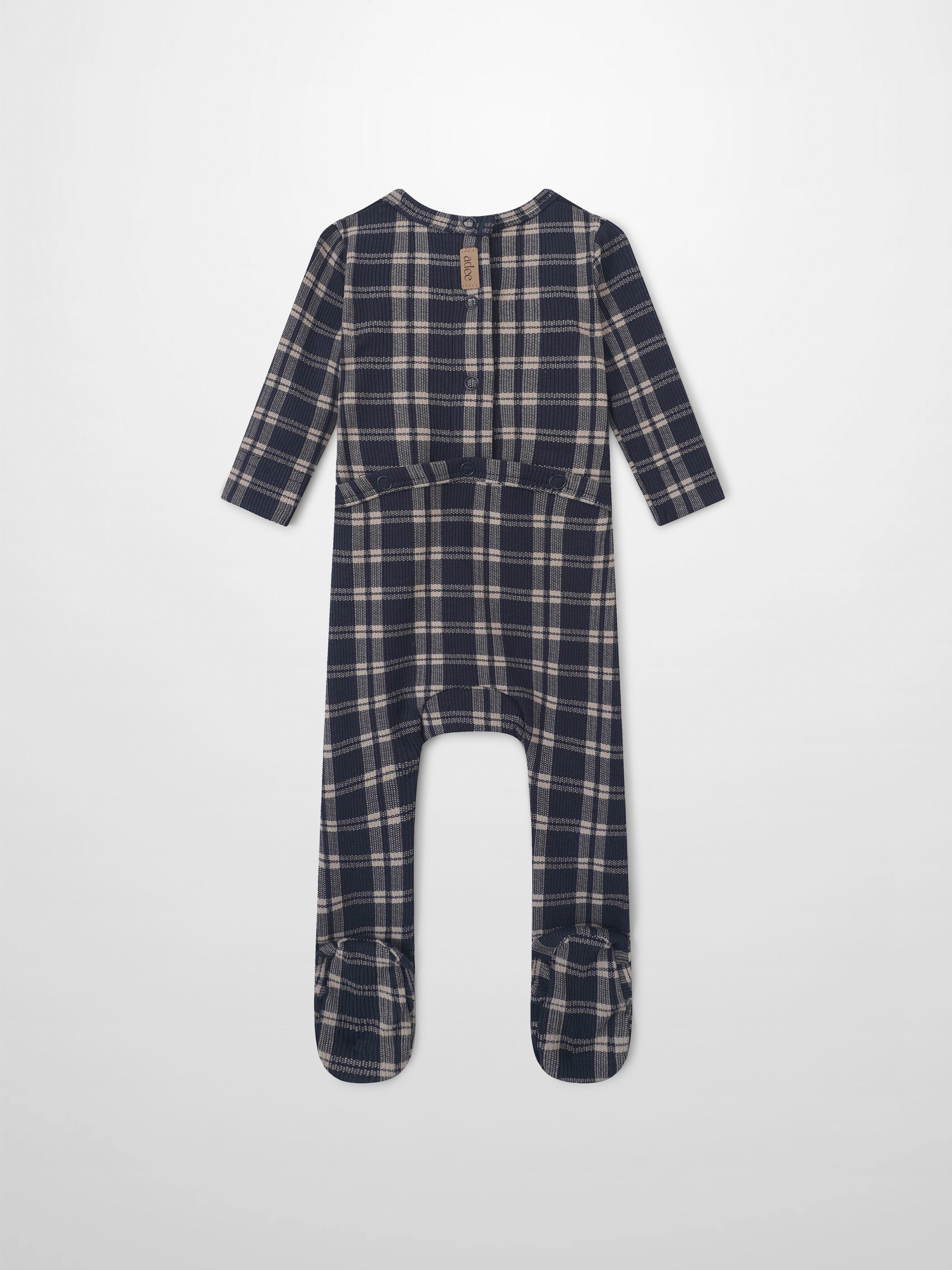 Adee Navy Plaid Boys Stretchies romper with back button closure and footed legs