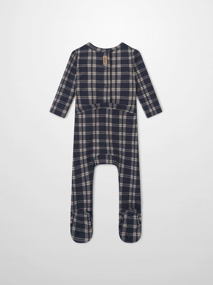 Adee Navy Plaid Boys Stretchies romper with back button closure and footed legs