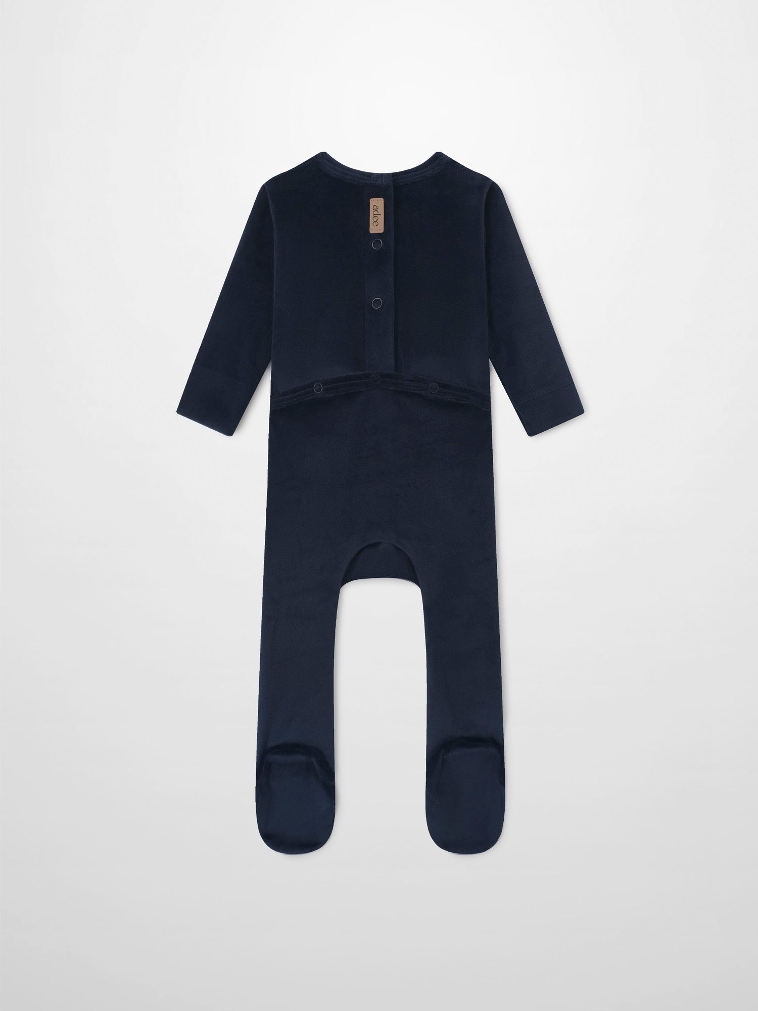 Embroidered Bear Navy layette set by Adee; navy baby romper with long sleeves and snap closures
