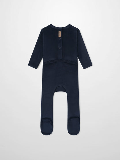 Embroidered Bear Navy layette set by Adee; navy baby romper with long sleeves and snap closures