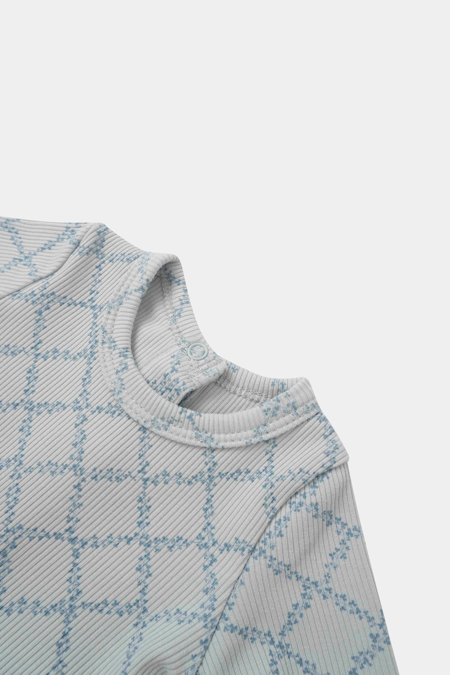 Blue Leaf Layette Set for boys; grey ribbed knit with blue leaf print and snap closure