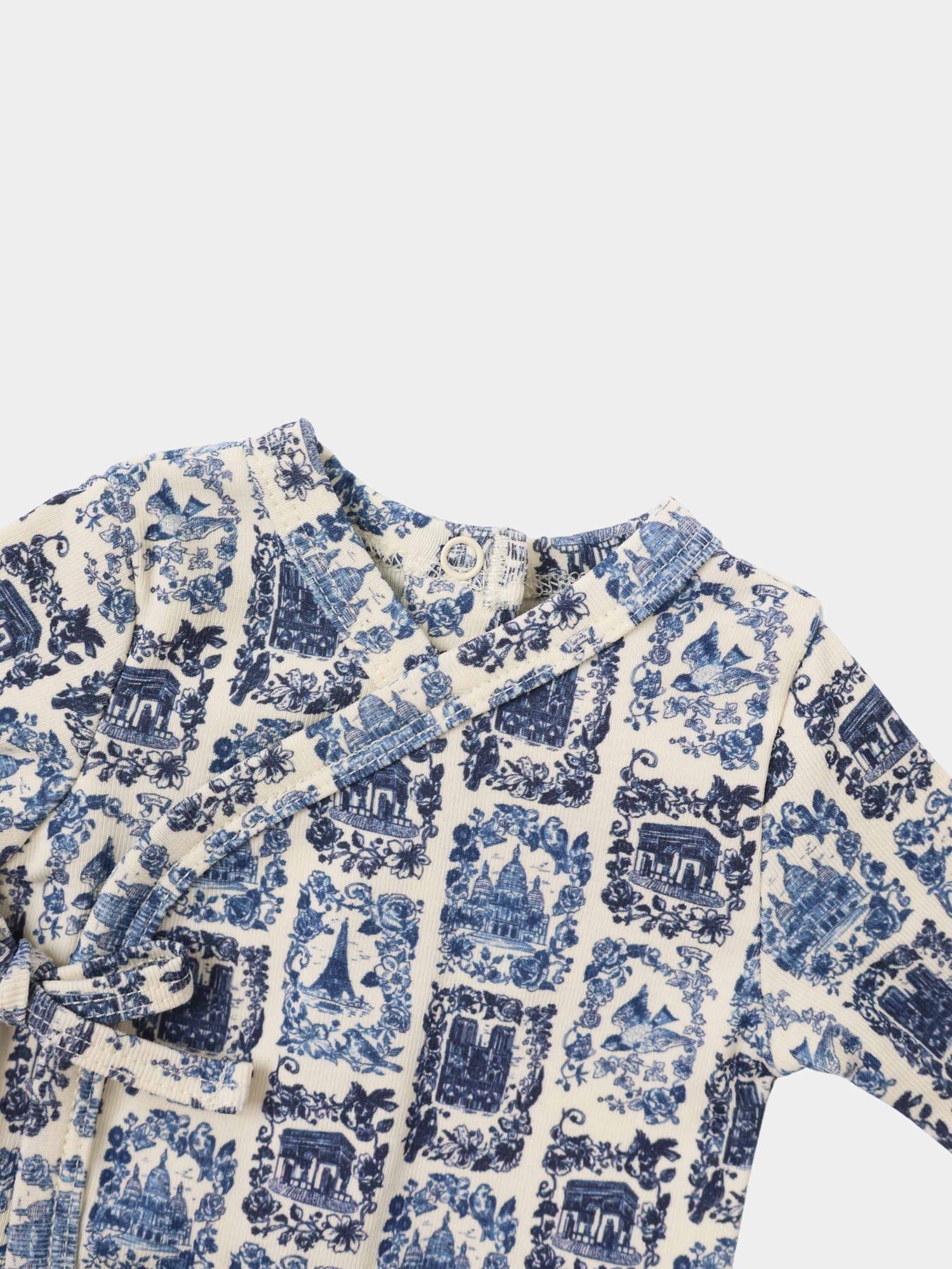 Blue Landmark Layette Set for boys by Adee, cream fabric with blue toile print.