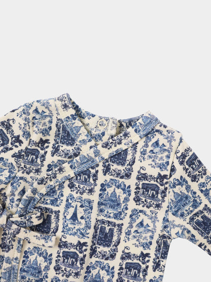 Blue Landmark Layette Set for boys by Adee, cream fabric with blue toile print.