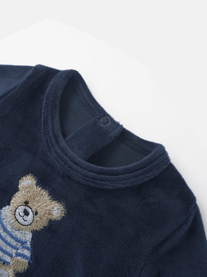 Embroidered Bear Navy layette set for boys by Adee, soft navy velour with bear embroidery