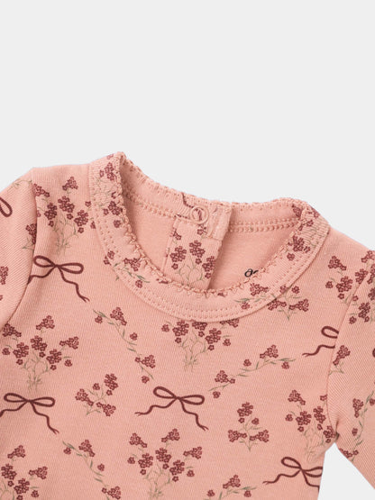 Bow Bouquet Layette Set by Adee; pink floral knit top for girls with small flower print and bow accents.