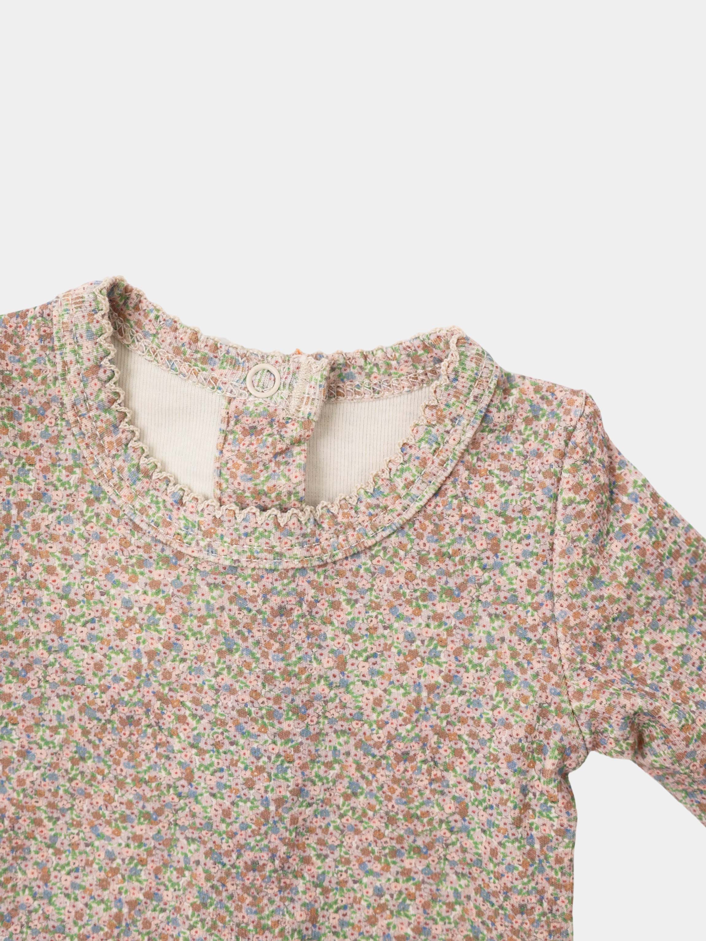 Pastel Petal layette set for girls, floral print with lace-trim collar and back loop button closure.
