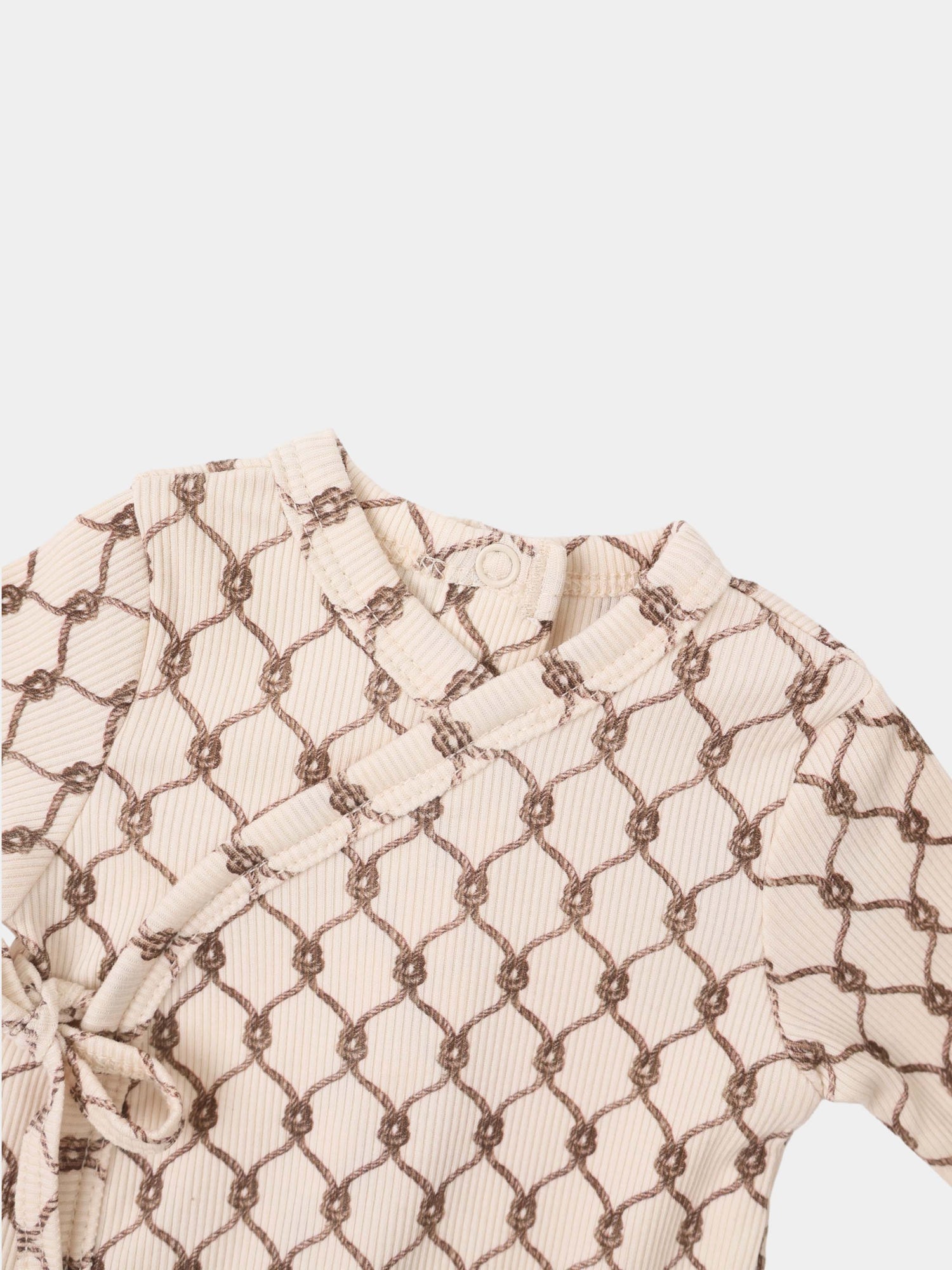Brown Chain Layette Set for boys by Adee; beige ribbed fabric with brown chain pattern and collar.