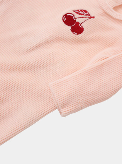 Embroidered Cherry layette set for girls; pink corduroy fabric with red cherry embroidery