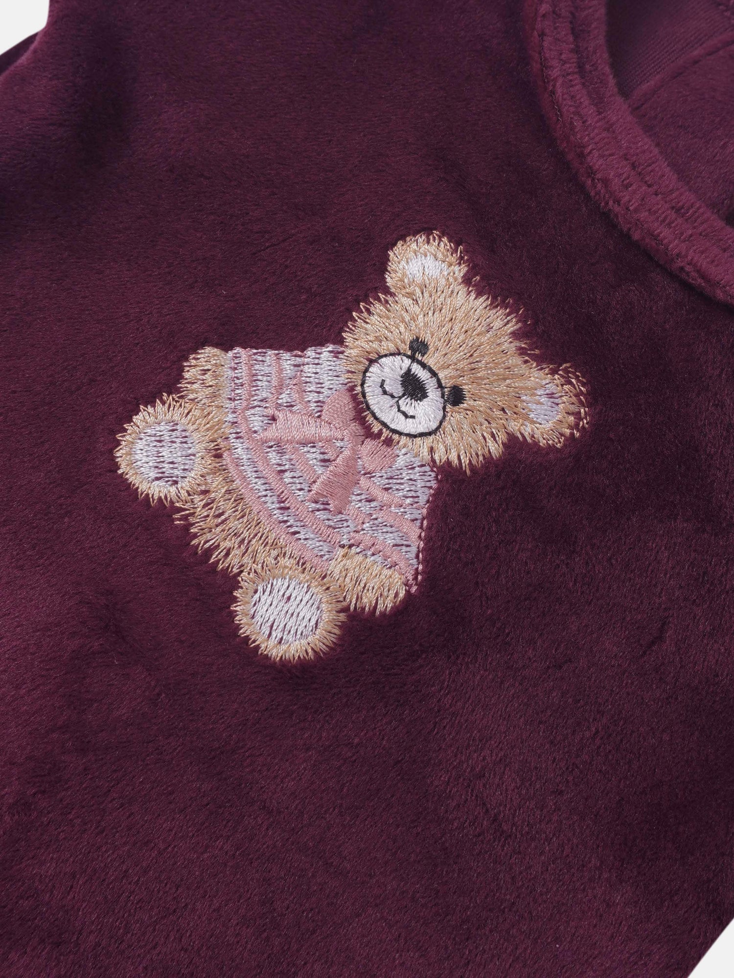 Embroidered bear burgundy layette set; soft plush fabric with teddy embroidery