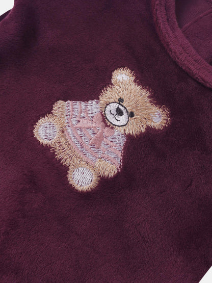 Embroidered bear burgundy layette set; soft plush fabric with teddy embroidery
