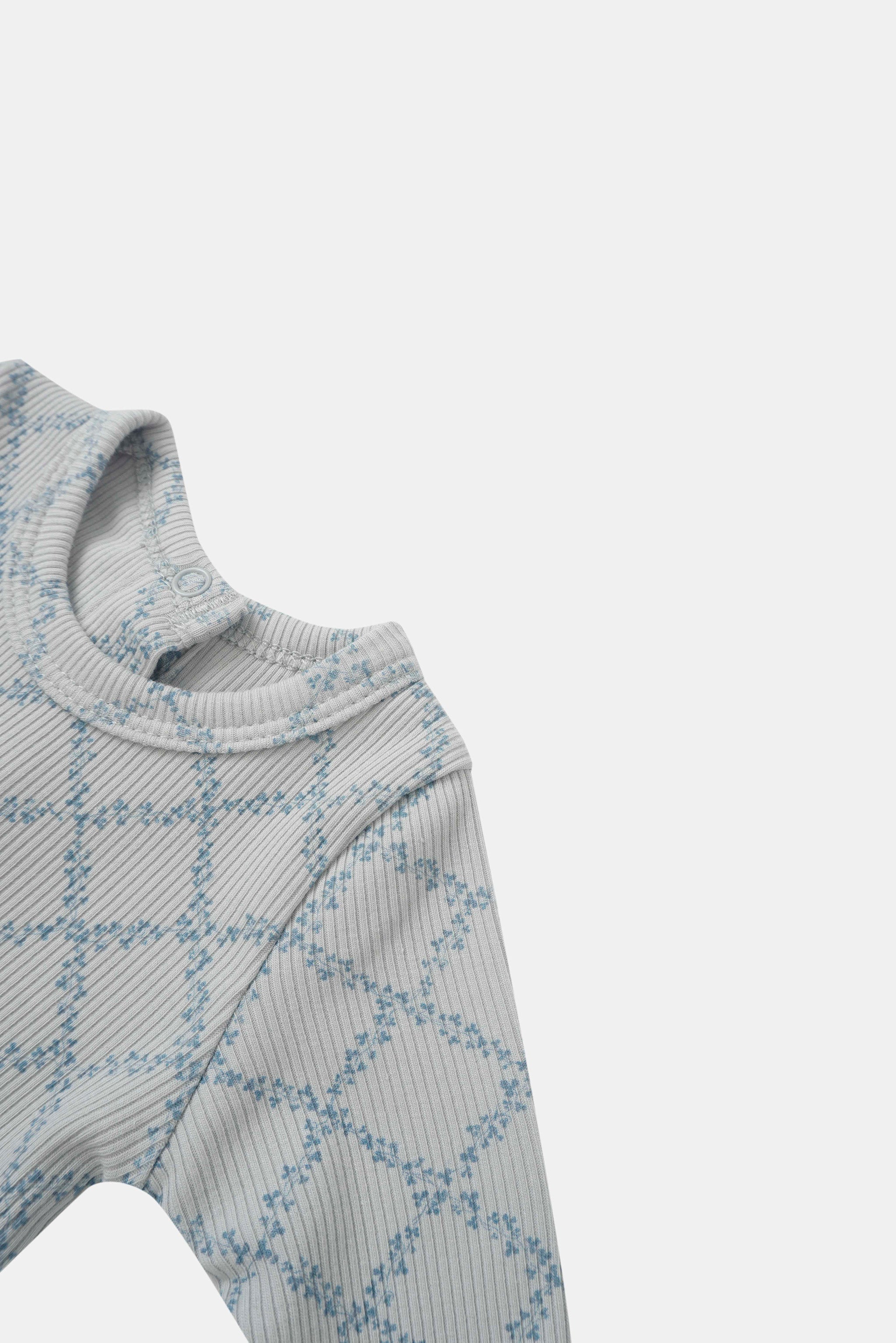 Blue Leaf Layette Set for boys by Adee; ribbed knit fabric with pale blue leaf pattern