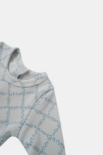 Blue Leaf Layette Set for boys by Adee; ribbed knit fabric with pale blue leaf pattern