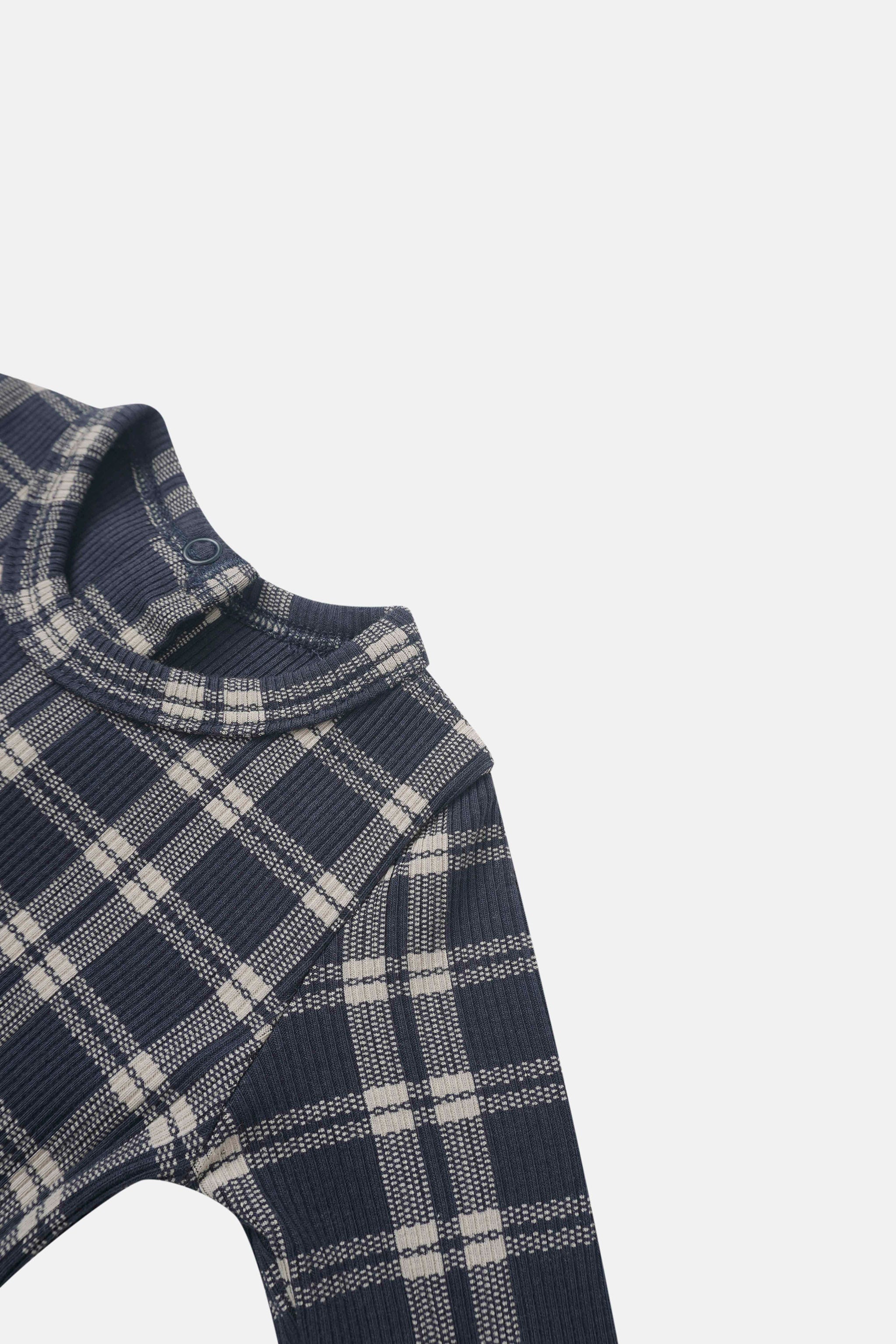 Boys Stretchies navy plaid fabric with collar and button detail