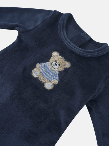 Embroidered Bear Navy Layette Set for boys by Adee; navy velour fabric with bear embroidery