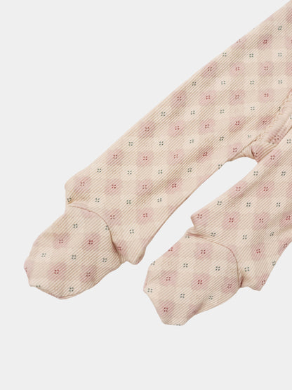 Little Button Pink layette set by Adee, pink ribbed fabric with tiny blue and red floral dots.