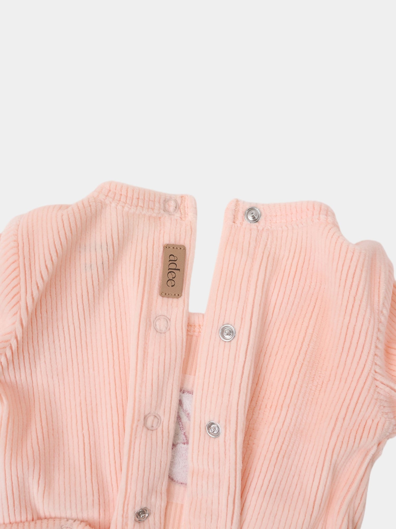 Embroidered Cherry Layette Set, pink ribbed cardigan with metal snaps and Adee label.
