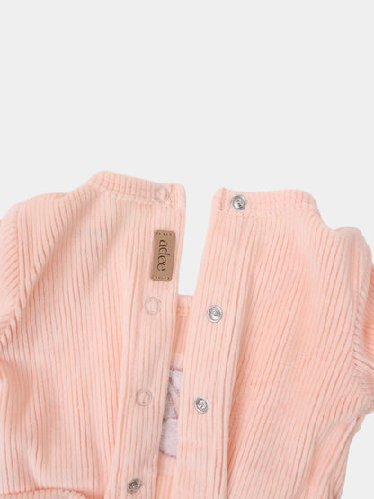 Embroidered Cherry Layette Set, pink ribbed cardigan with metal snaps and Adee label.