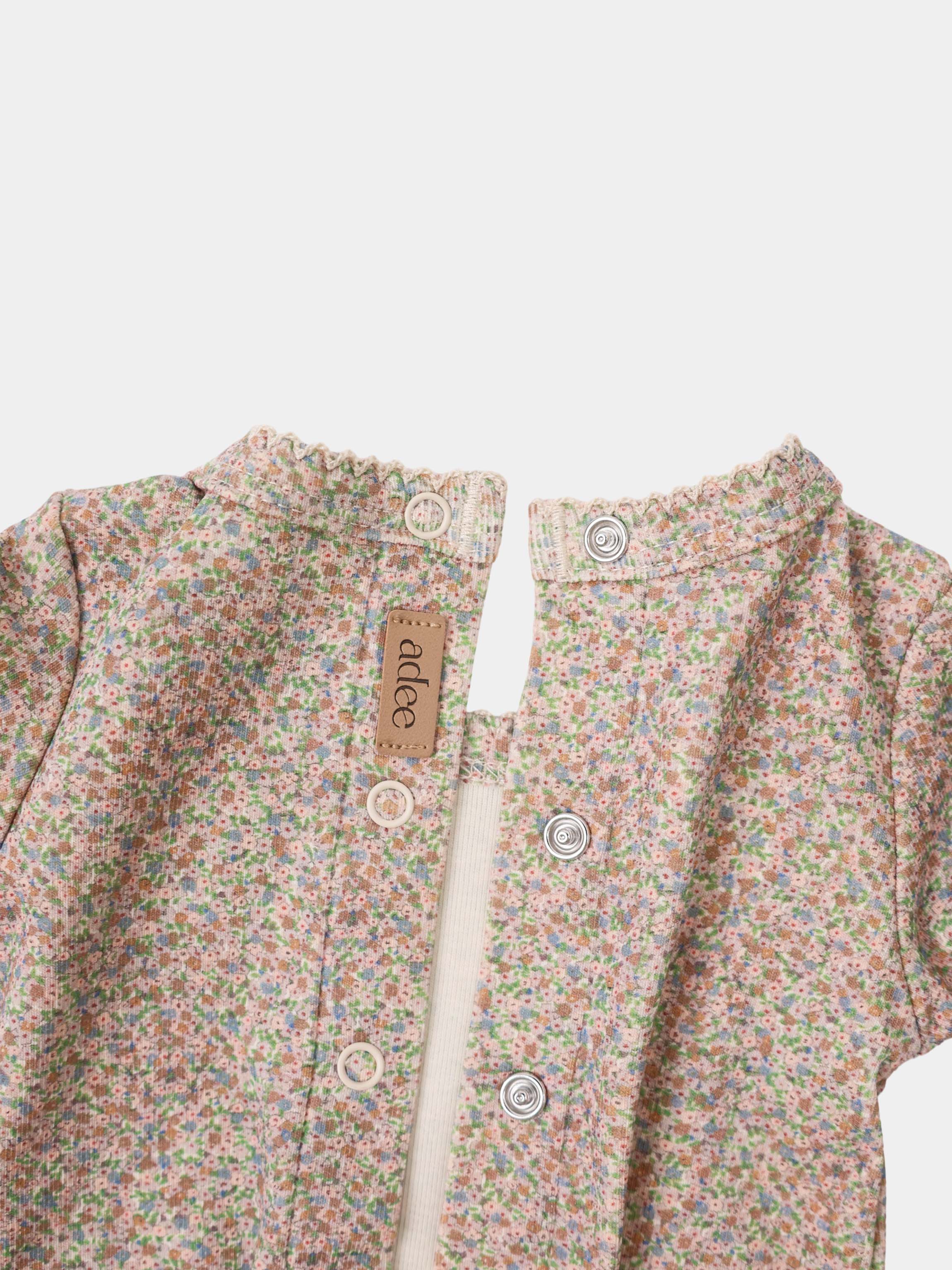 Pastel Petal girls layette set by Adee, floral fabric with white front buttons and metal snaps