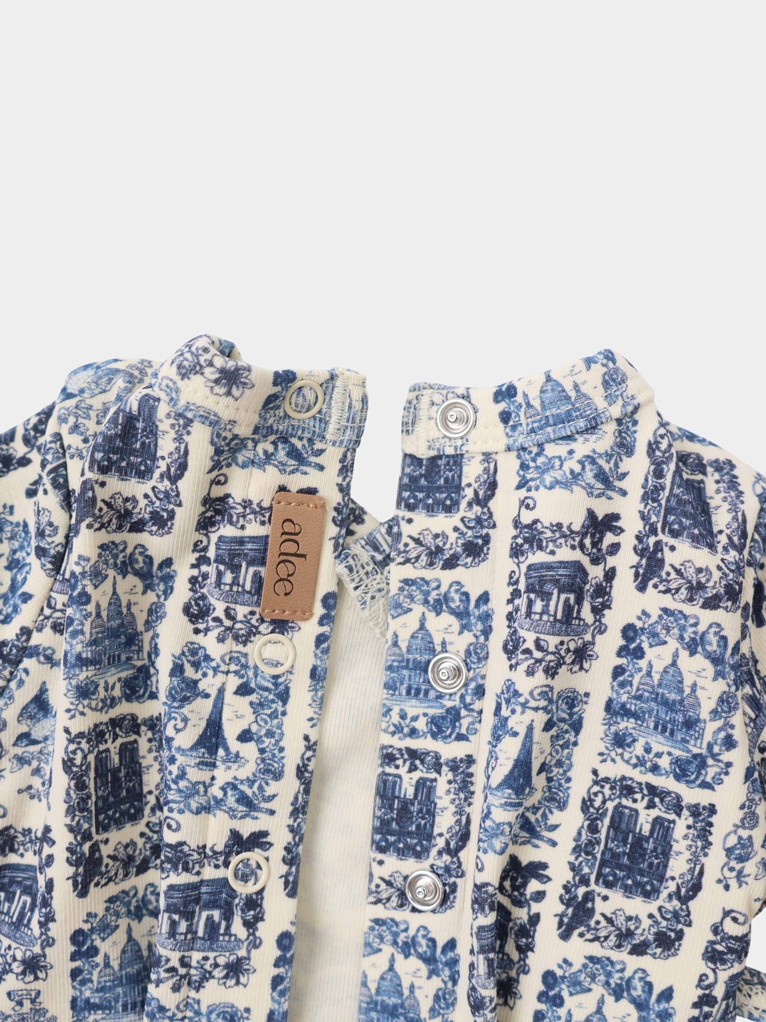 Blue Landmark Layette Set for boys by Adee; blue toile print with metal snap buttons.