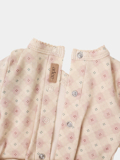 Two-piece Little Button Pink layette set by Adee for girls; pink ribbed fabric with tiny floral dots and snap closures