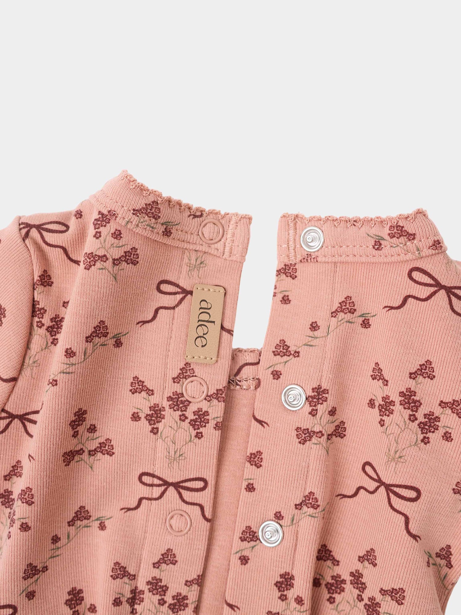 Bow Bouquet Layette Set for girls by Adee; pink floral knit with ribbed edges and snaps