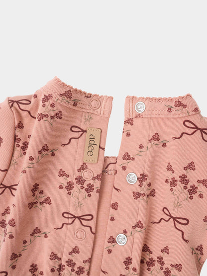 Bow Bouquet Layette Set for girls by Adee; pink floral knit with ribbed edges and snaps
