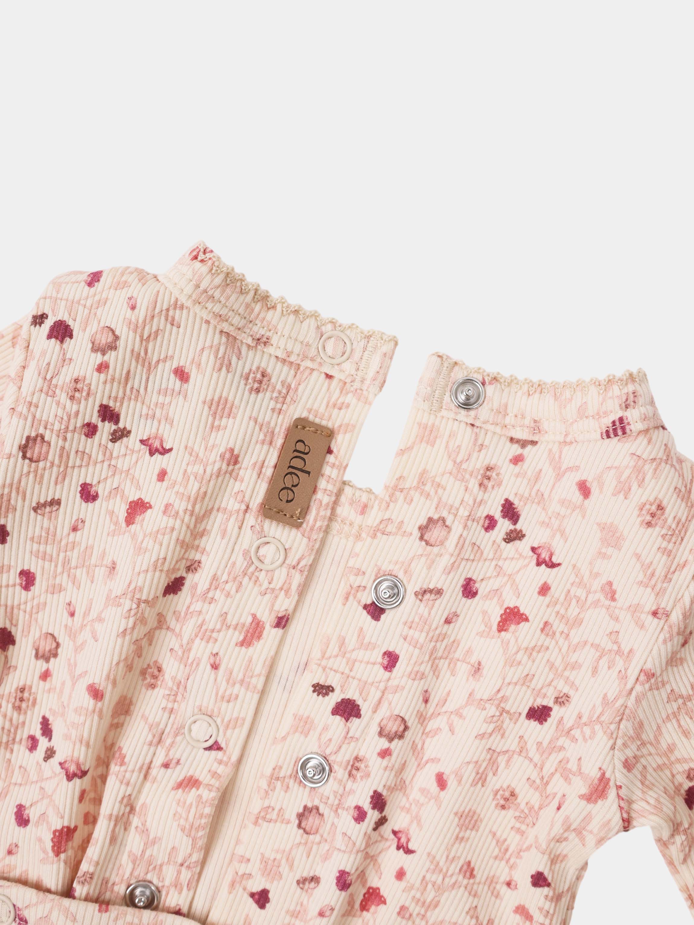 Garden Sprinkles Layette Set by Adee; pink floral, striped cotton with front snaps and ruffled neckline.