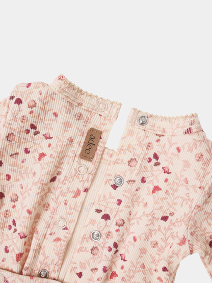 Garden Sprinkles Layette Set by Adee; pink floral, striped cotton with front snaps and ruffled neckline.