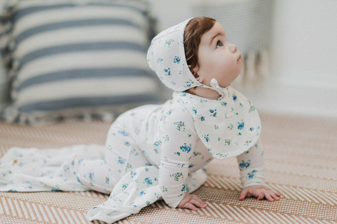Freesia Flower Stretchy, Bonnet &amp; Bib-Blue