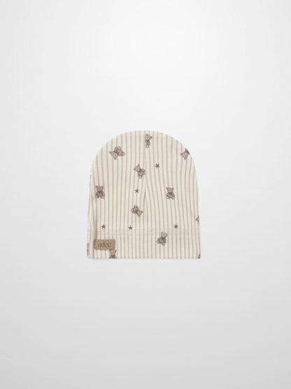 Adee striped bear hat for girls, beige striped fabric with teddy bear prints and red stars