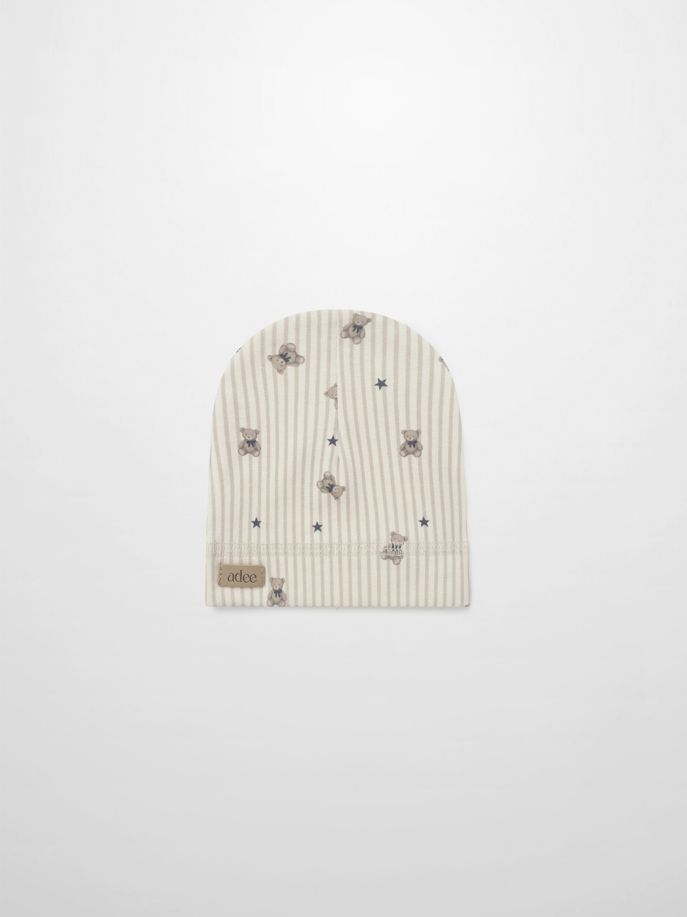 Striped Bear Hat by Adee, beige knit with teddy bears and blue stars for boys