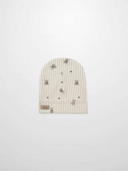 Striped Bear Hat by Adee, beige knit with teddy bears and blue stars for boys