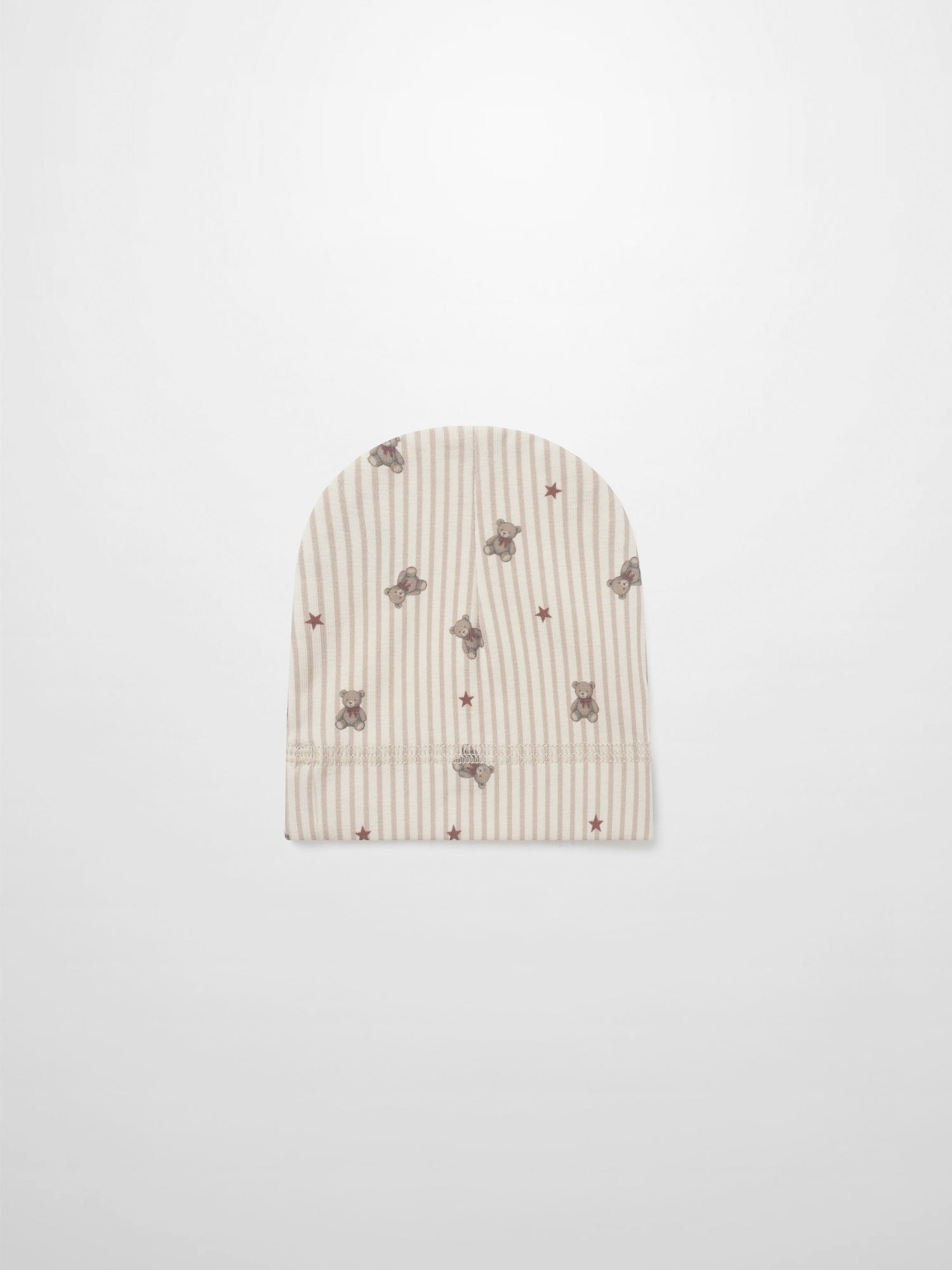 Striped Bear Hat - Red for girls, beige striped knit with teddy bears and red stars