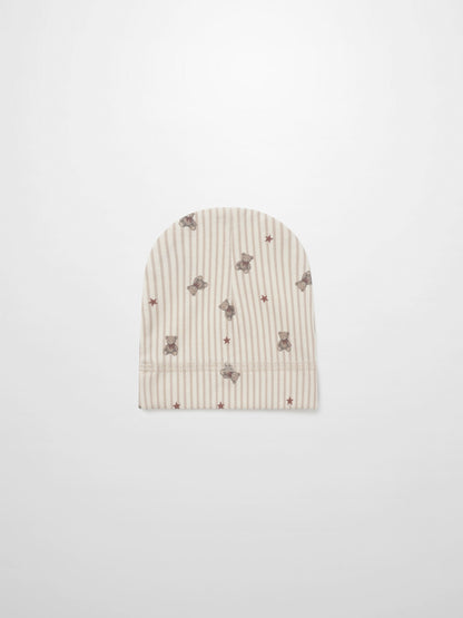 Striped Bear Hat - Red for girls, beige striped knit with teddy bears and red stars