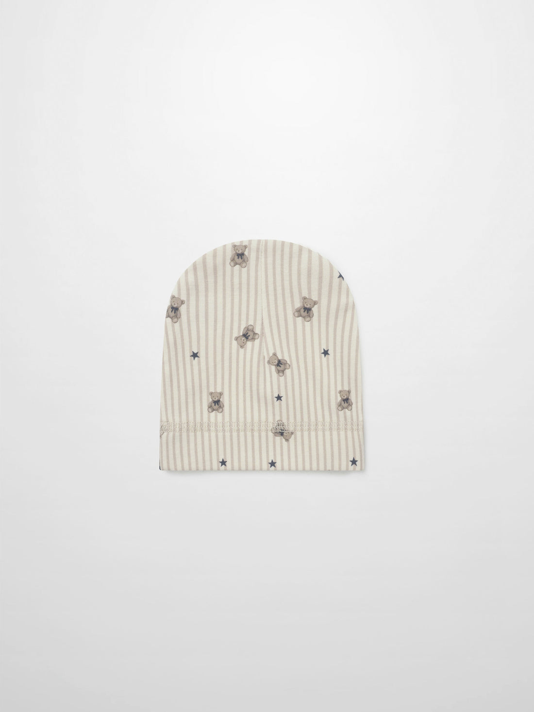 Striped bear hat for boys by Adee; beige striped knit with teddy bear prints and stars.
