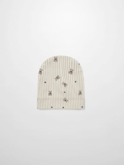 Striped bear hat for boys by Adee; beige striped knit with teddy bear prints and stars.