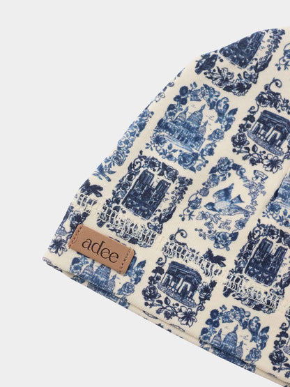 Blue Landmark layette set by Adee; cream fabric with blue toile print for baby boys